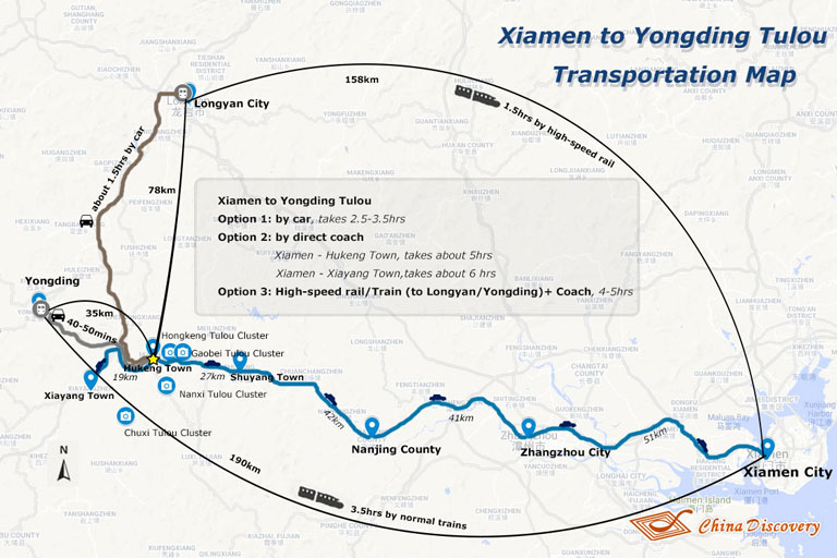 Xiamen to Yongding Tulou Transportation Map