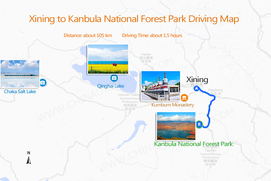 Xining to Kanbula National Forest Park Map