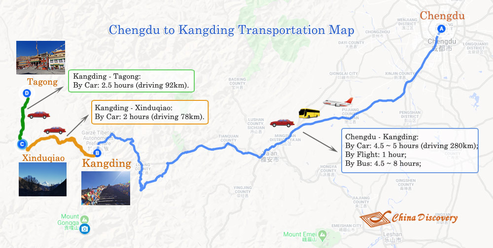 Chengdu to Kangding Map