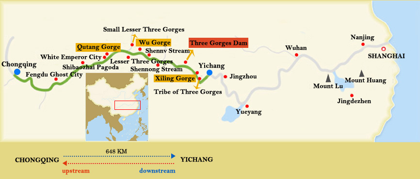 Yangtze River Map - Yangtze River Cruise Route Map