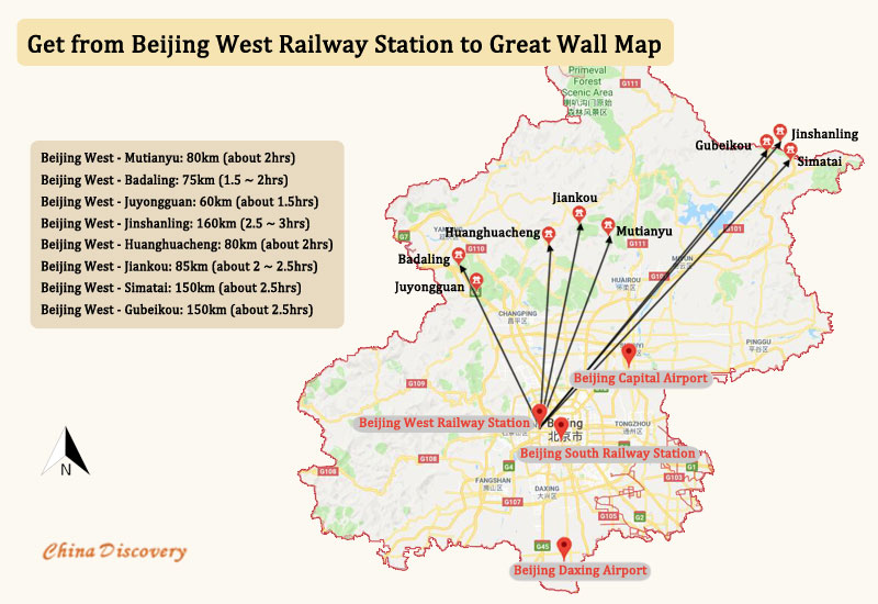 Beijing West Railway Station to Great Wall Map