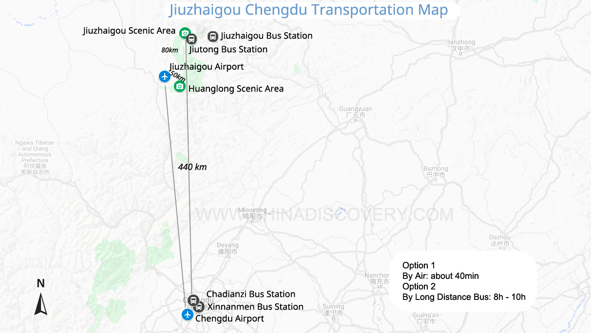 Jiuzhaigou to Chengdu map