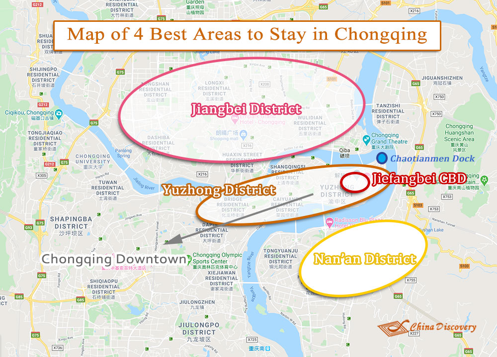 Map of 4 Best Places to Stay in Chongqing Map of Where to Stay in Chongqing