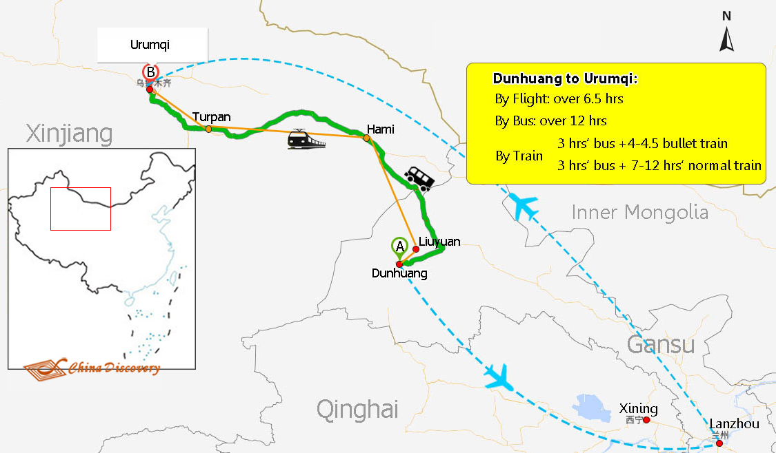 Dunhuang to Urumqi Transportation Map