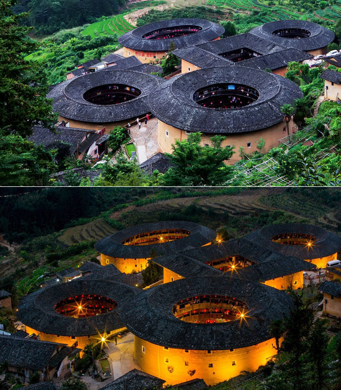 Tianluokeng Tulou Cluster in the Day and Night