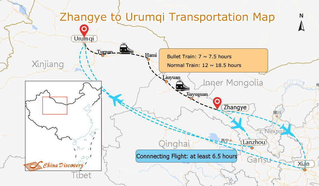 Zhangye to Urumqi Transportation Map