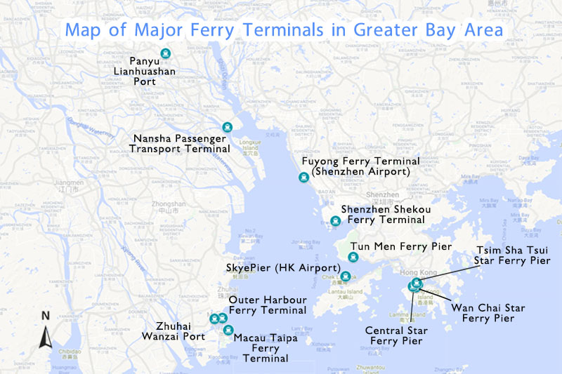 Map of Major Ferry Terminals in Greater Bay Area