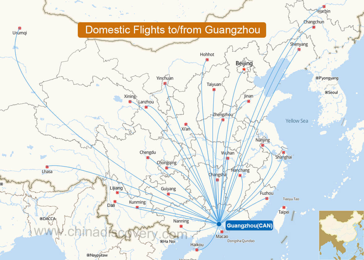 Map of Domestic Flights to Guangzhou