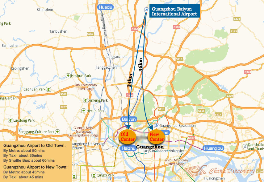 Map of Guangzhou Airport to Downtown Area