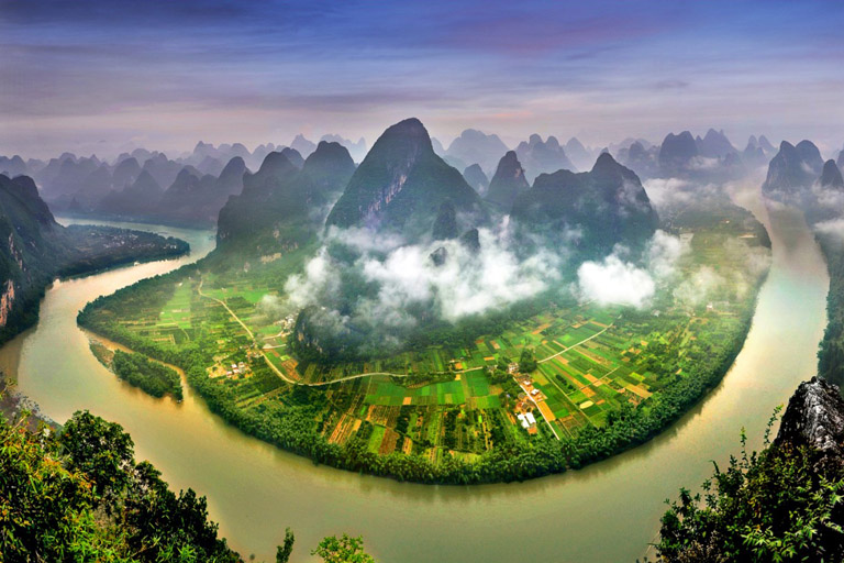 Panoramic Views of Beautiful Li River at Xianggong Hill