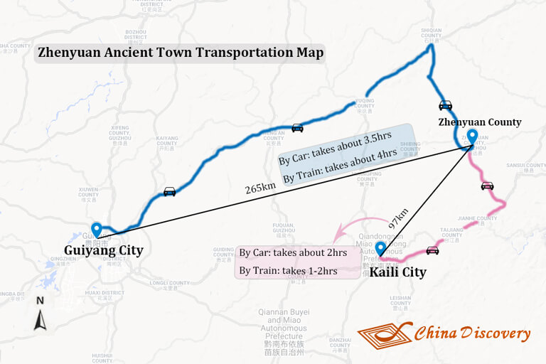 Guiyang to Zhenyuan Ancient Town Transportation Map