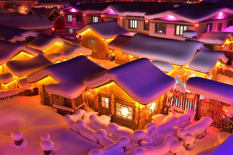 Night View of Dream Home in China Snow Town