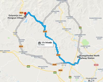 Huangshan North to Hongcun Map