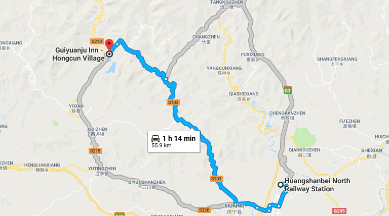 Huangshan North to Hongcun Transfer Map