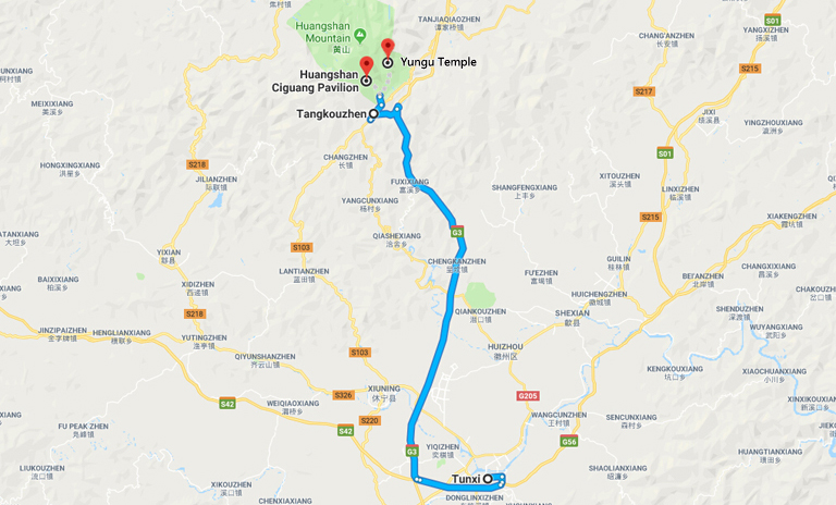 Tunxi to Yellow Mountain Route Map