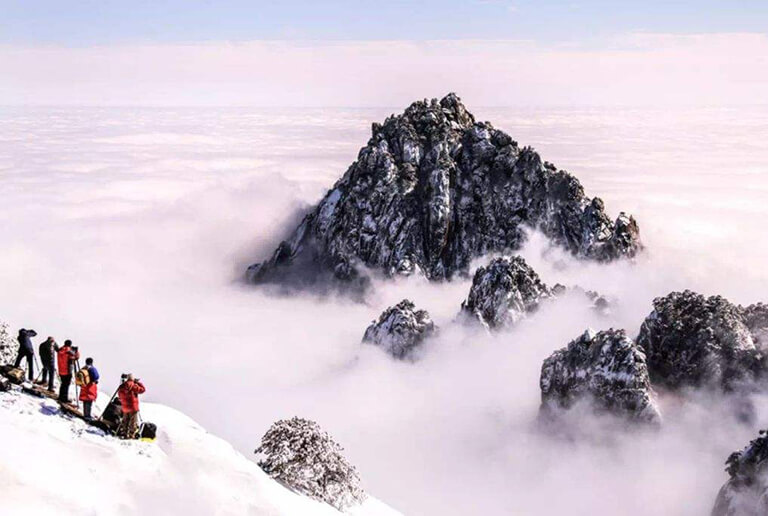 Amazing Sea of Cloud around Lotus Peak Huangshan Yellow Mountain in Winter