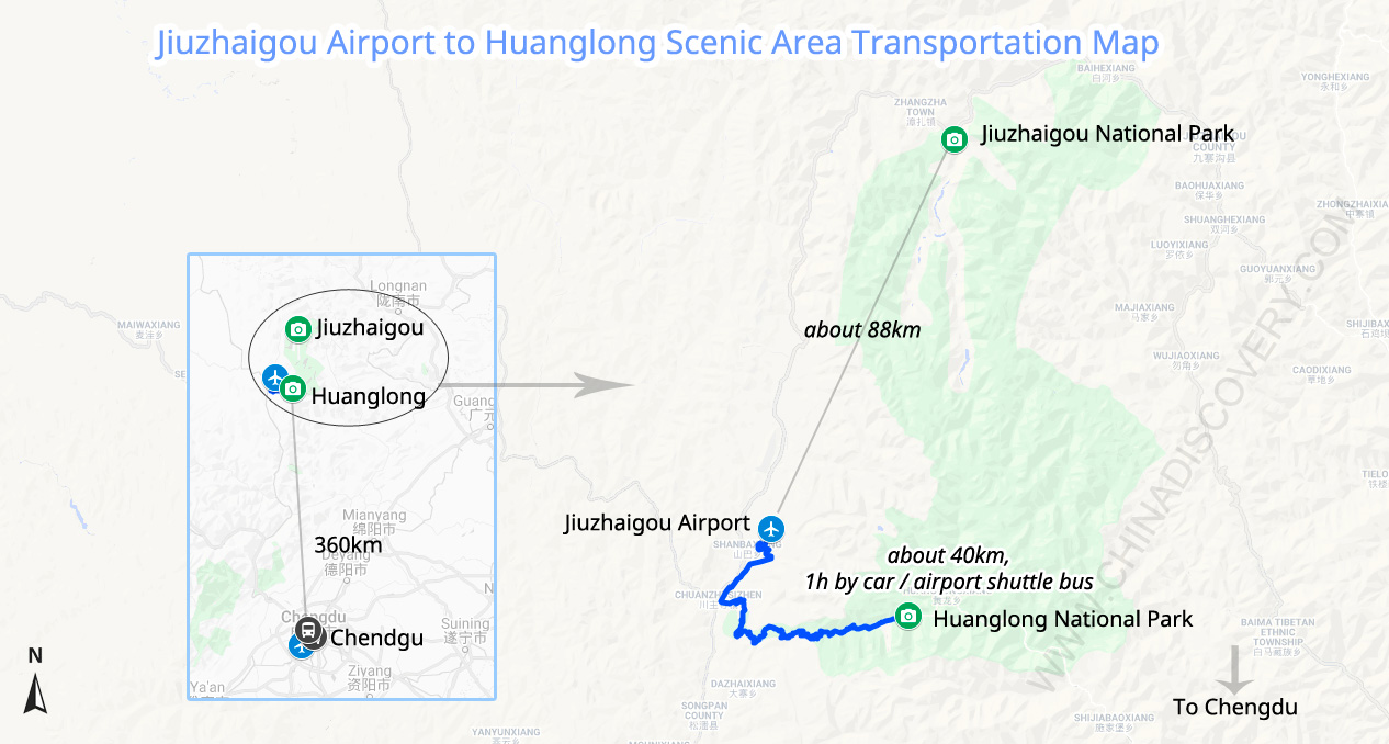 Jiuzhaigou Airport to Jiuzhaigou Scenic Area Transportation Map