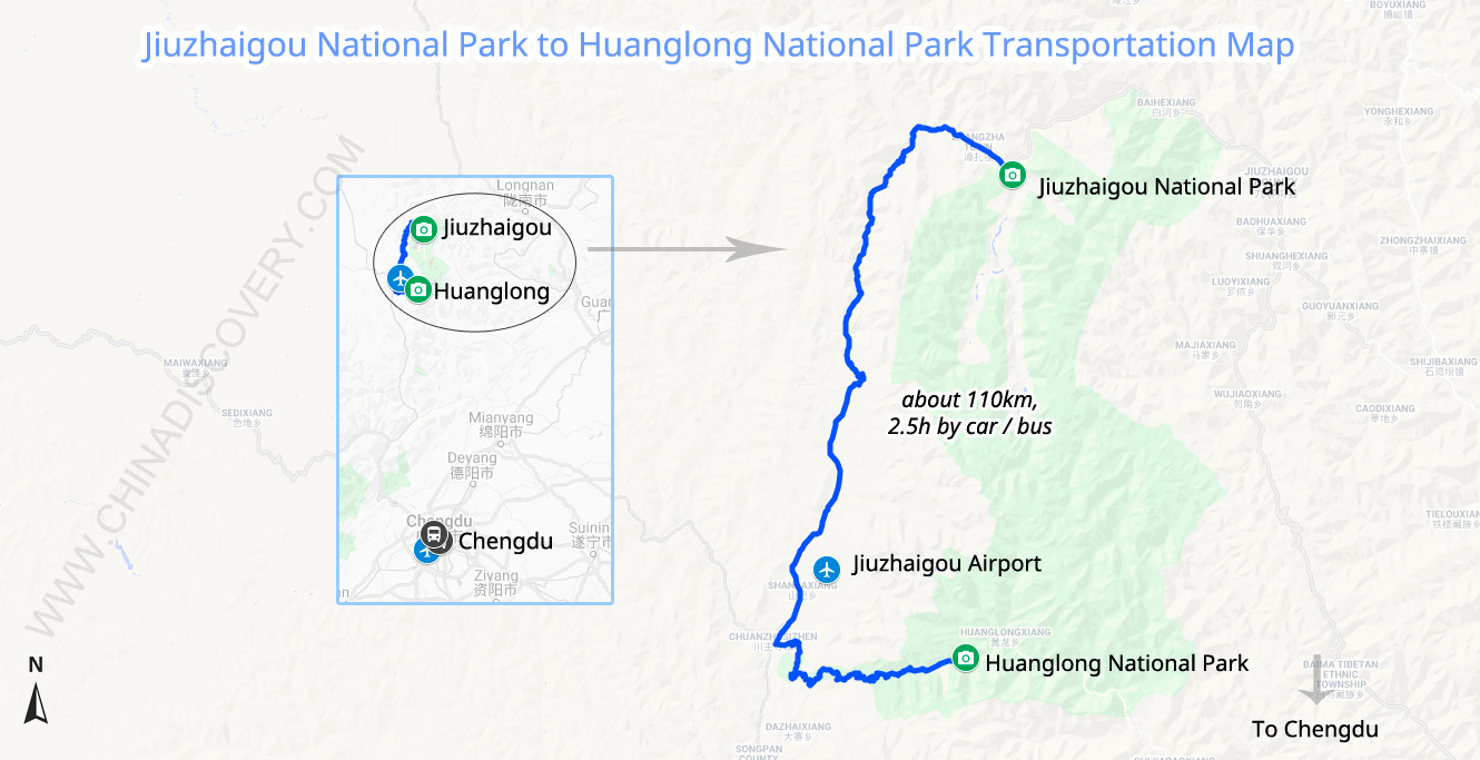 Jiuzhaigou National Park to Huanglong National Park Transportation Map