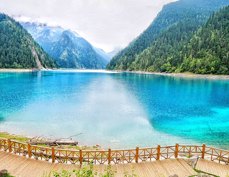Wooden plank road were built to walk in Jiuzhaigou Valley