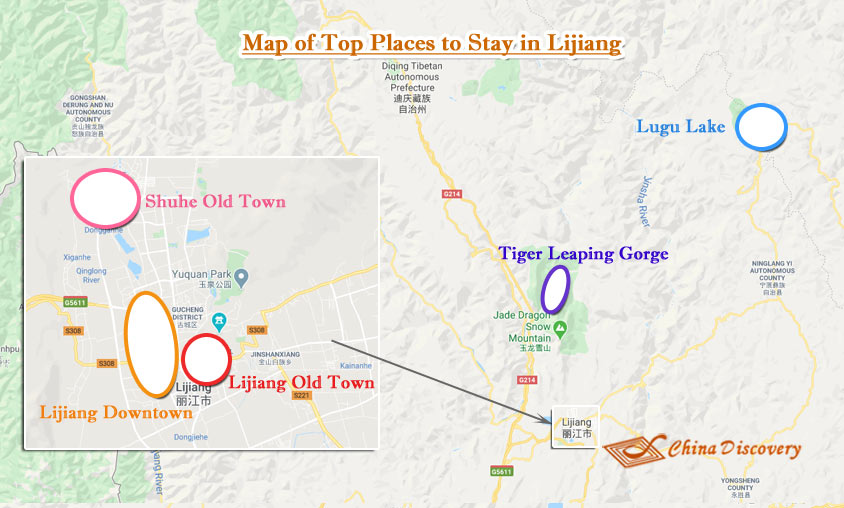 Map of 5 Best Places to Stay in Lijiang Map of Where to Stay in Lijiang