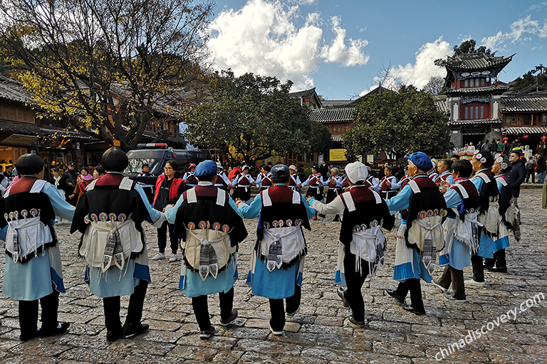Naxi People in Traditional Costumes in Lijiang Old Town