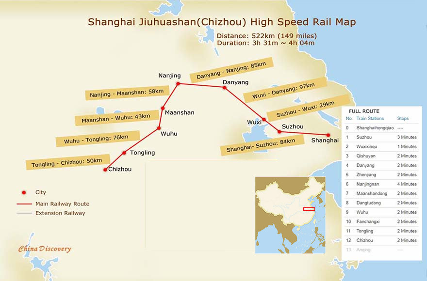 Shanghai Jiuhuashan(Chizhou) High Speed Rail Map