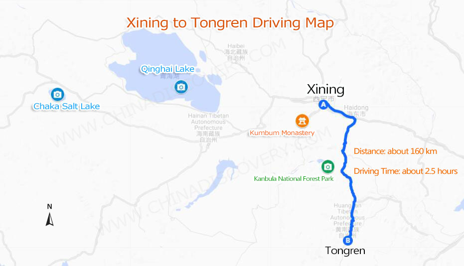 Xining to Tongren Map