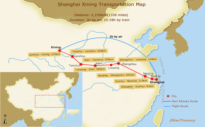 Shanghai to Xining Map