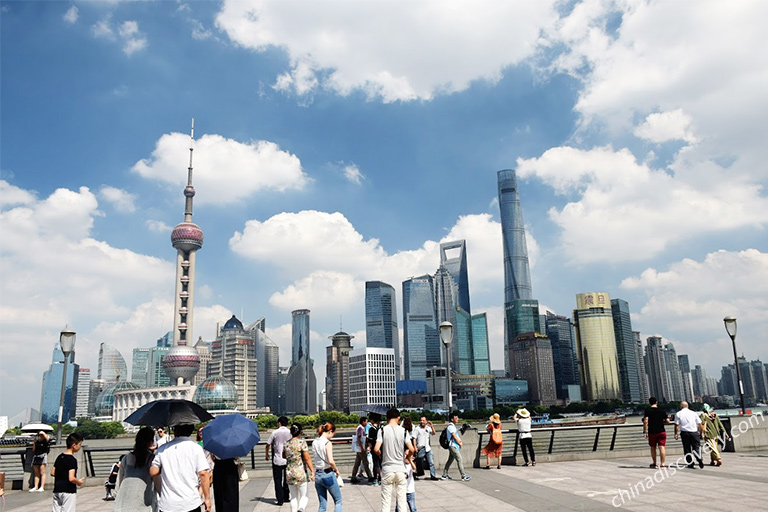 Tourists Took Photo at The Bund with Backdrop of Lujiazui