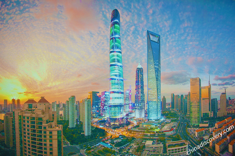 Shanghai Tower, Shanghai World Financial Center, and Jinmao Tower upon the Clouds Shanghai Skyline