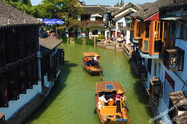 Boats in Zhujiajiao Water Town - Our Guest Gaye from Australia