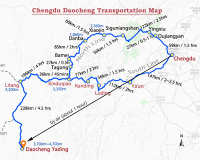 Chengdu to Daocheng Yading Map