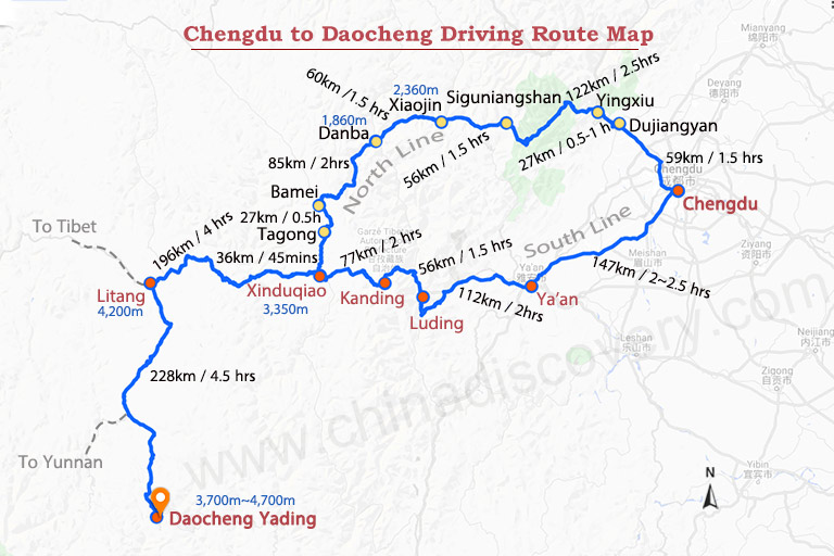 Chengdu to Daocheng Map