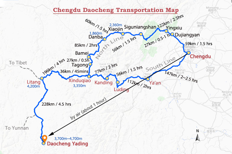Chengdu to Daocheng Map