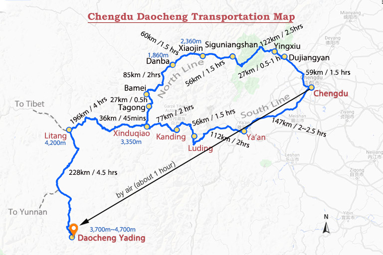 Chengdu to Daocheng Map Chengdu to Daocheng Map