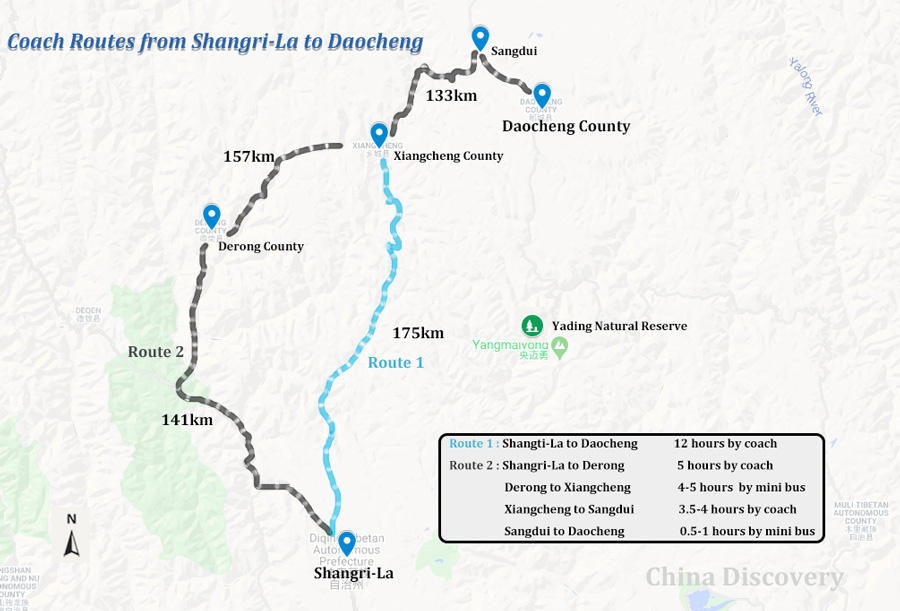 Shangri-La to Daocheng Bus Route Map