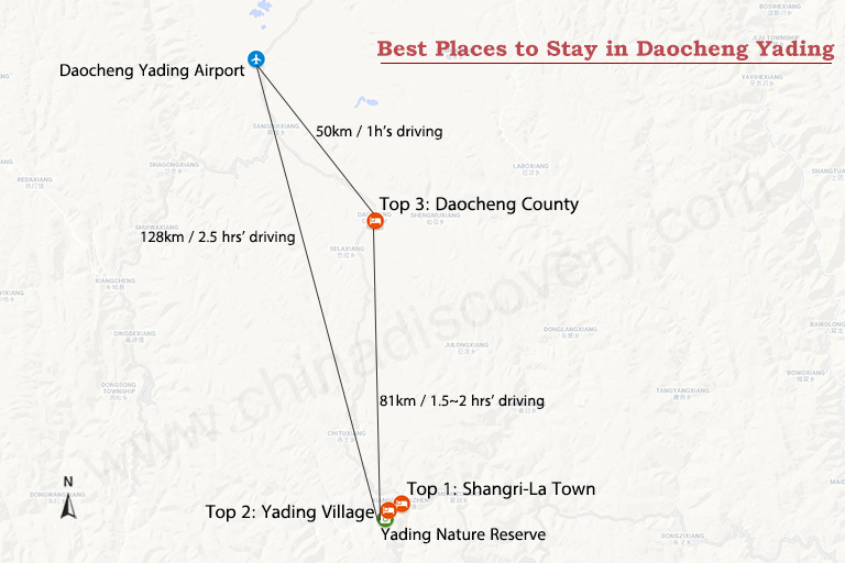 Map of 3 Best Places to Stay in Daocheng Yading