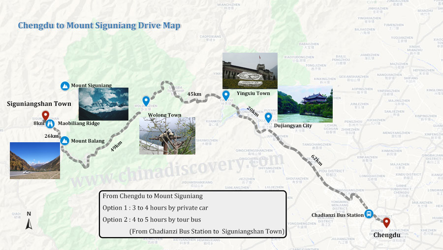 Chengdu to Mount Siguniang Drive Map