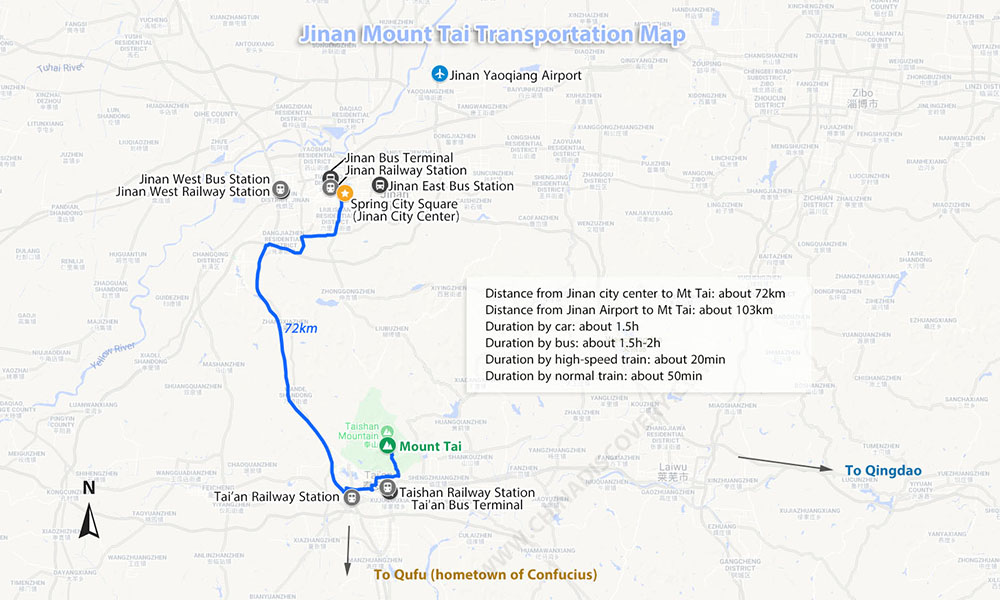 Jinan to Mount Tai Transportation Map
