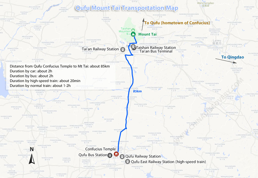 Qufu to Mount Tai Transportation Map