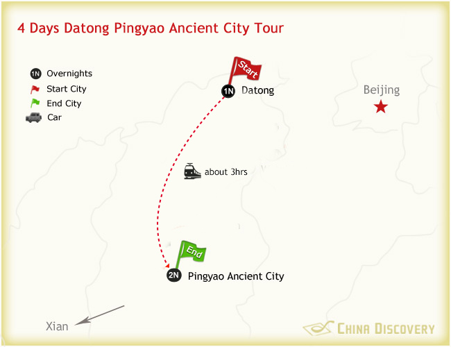 4 Days Datong Pingyao Tour Map