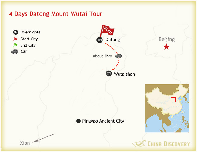 4 Days Datong Mount Wutai Tour Map