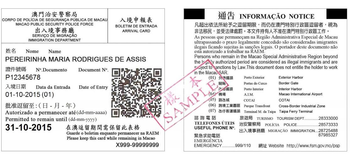 Sample of Macau Visa on Arrival Macau Visa on Arrival