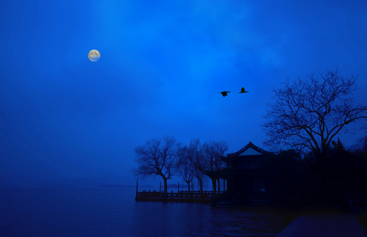 Moon over the Peaceful Lake in Autumn