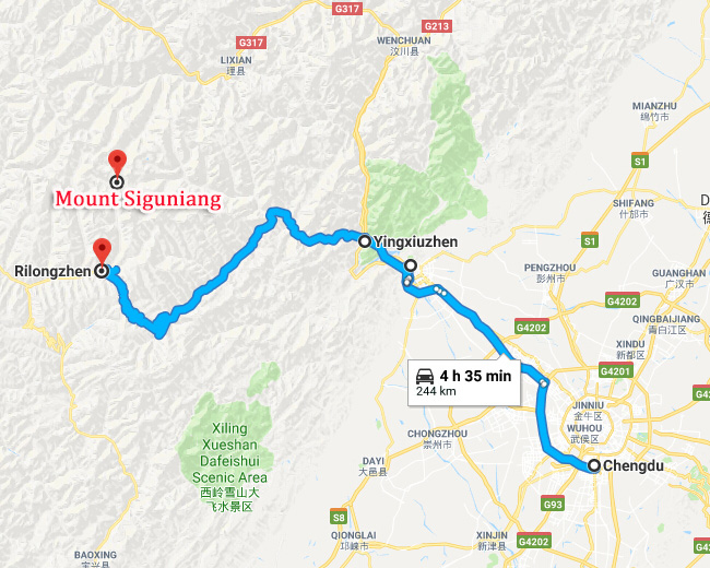 Chengdu to Mount Siguniang Drive Map