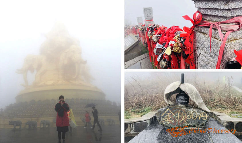 The towering multi-faced golden statue of Samantabhadra Bodhisattva in foggy day Mount Emei Tour