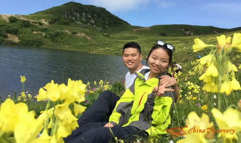 Wonder and His Wife at White Dragon Lake Jiuding Mountain Hiking Tour