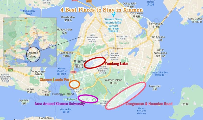 Map of Places to Stay in Xiamen