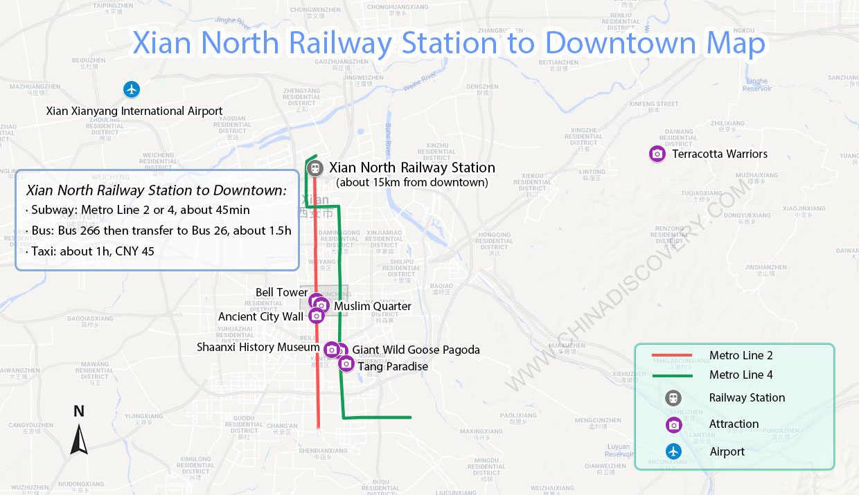 Xian North Railway Station to Xian Downtown Map Xian North Railway Station to Xian Downtown