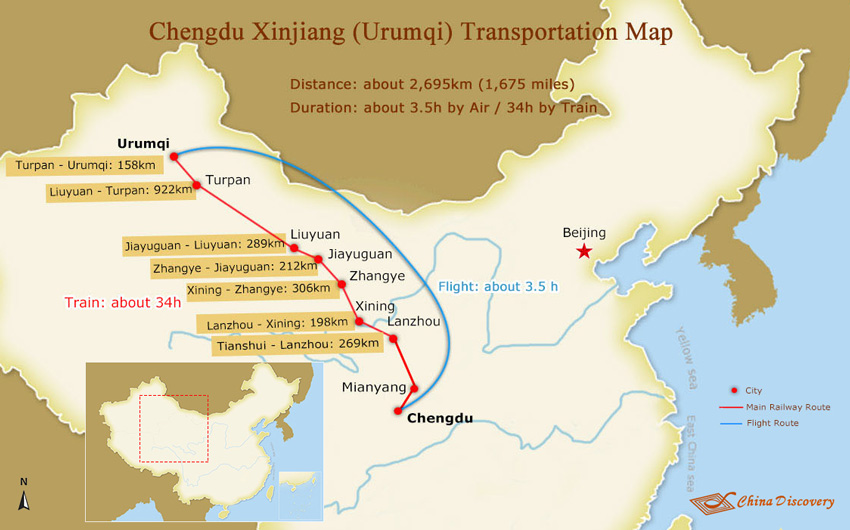Chengdu to Urumqi Map